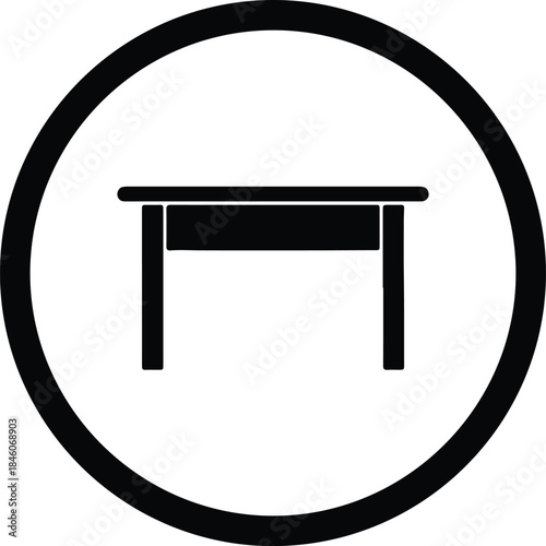 Vector minimal office desk or wooden table furniture inside a circular frame silhouette Illustration