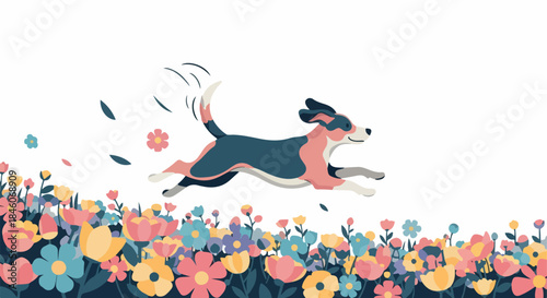 Happy dog jumping through colorful flowers