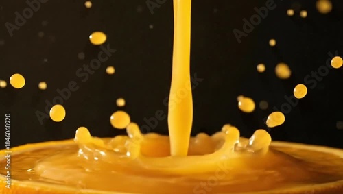 Orange juice splashing into orange slice creating crown splash macro shot.