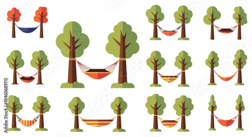 Hammocks hanging between trees in various styles