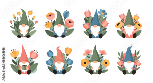 Gnomes with floral wreaths spring seasonal decorations