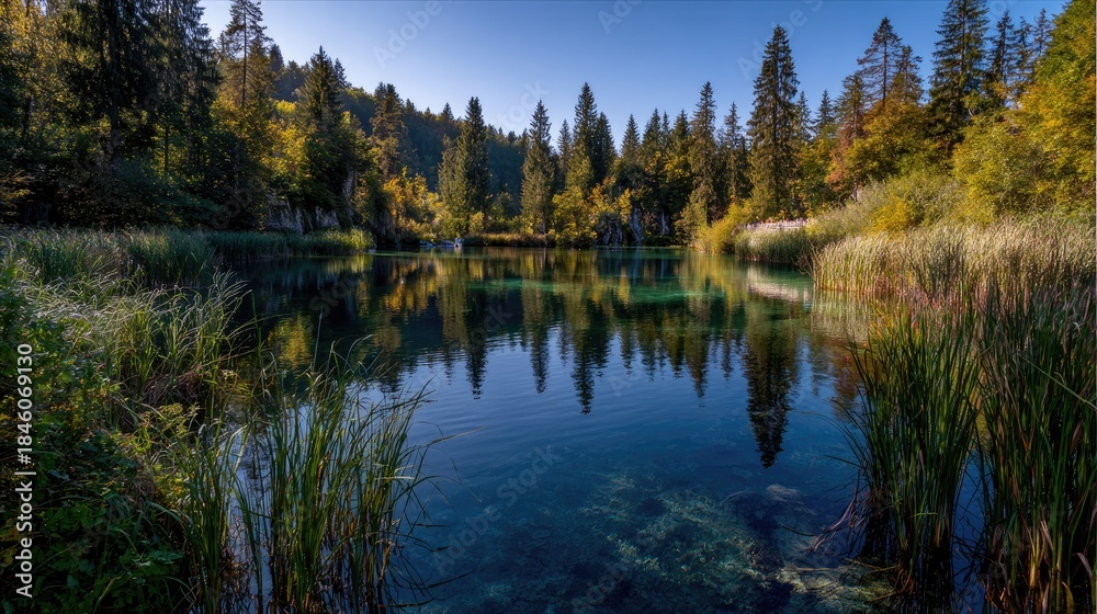 Obraz premium Calm lake reflects evergreen forest under a clear blue sky.
