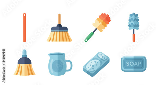 Cleaning tools and supplies set with transparent background