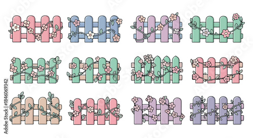 Floral fence panels in pastel colors with transparent background