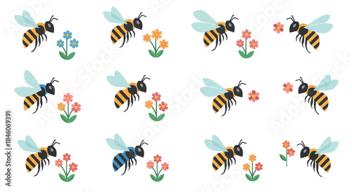 Bees and flowers collection with transparent background