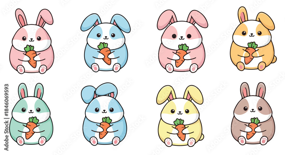 Obraz premium Cute bunny characters holding carrots with transparent background