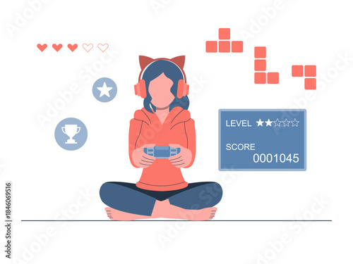 A young woman is playing a video game while wearing headphones. Generation Z vector illustration. Flat illustration concept