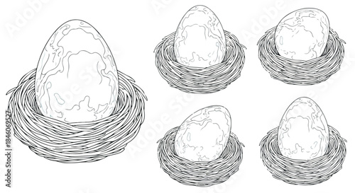 Bird nests with eggs, outline style
