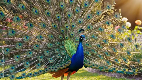 Majestic Peacock Displaying Feathers in Lush Garden Setting.