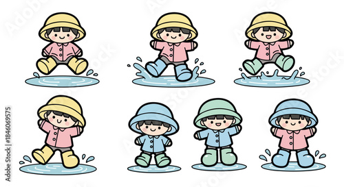 Child playing in puddles with rain boots and hats