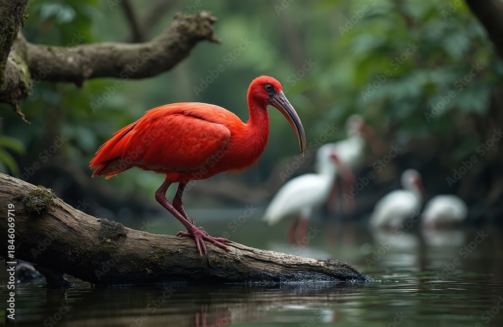 Obraz premium Scarlet ibis bird stands on wet log near water. Other white ibis birds stand in pond surrounded by green jungle foliage. Wild avian life in natural habitat.