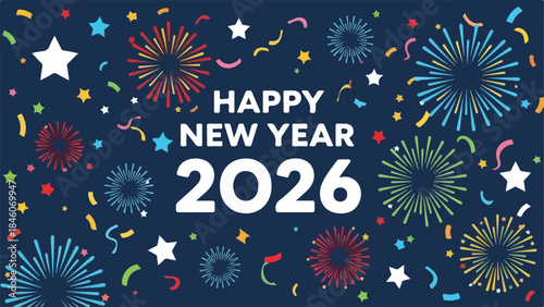 Happy New Year celebration with bright vector fireworks design exploding in the night sky