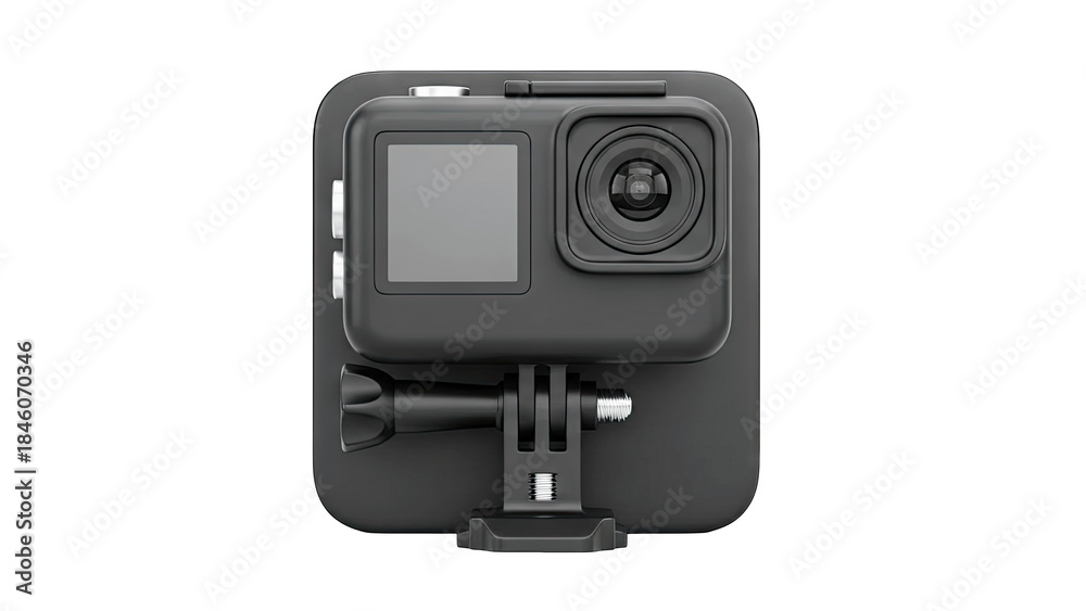 Fototapeta premium Black Action Camera with Mount on White Background