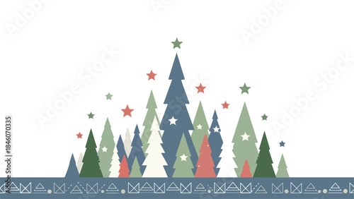 winter holiday greeting card, cozy winter elements, snow, pine trees, mittens, winter holiday celebration scene