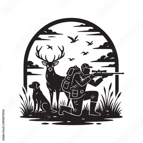 Hunting Silhouette Scene of Man with Rifle, Dog, Deer, and Flying Ducks Vector Illustration

