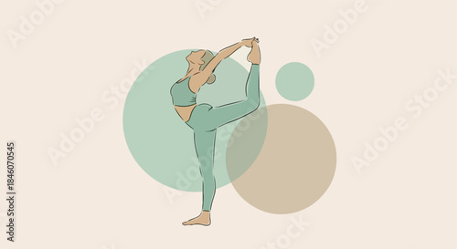 Woman performing yoga pose with circles background