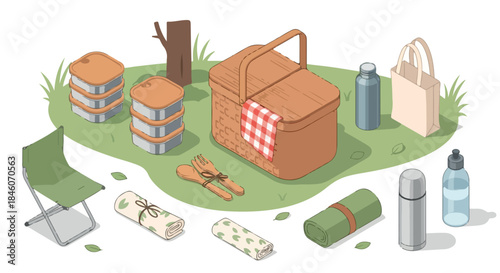 Picnic essentials arranged on grass for outdoor leisure