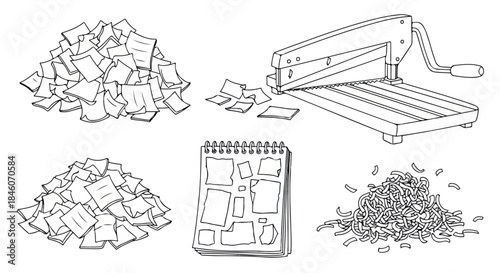 Shredder machine with paper scraps and notebook