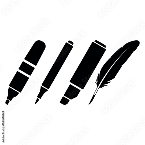 Marker and Quill Pen Silhouette Vector Creative Highlighting and Writing Tools