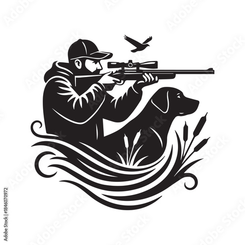 Duck Hunting Logo Vector Illustration Featuring Hunter Silhouette with Rifle and Retriever Dog Head Profile
