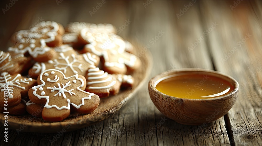 Fototapeta premium Festive gingerbread cookies and golden honey served on a rustic wooden surface.