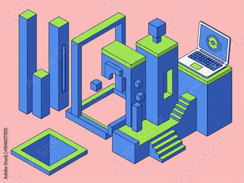 Isometric 3D printer model with laptop on pink background
