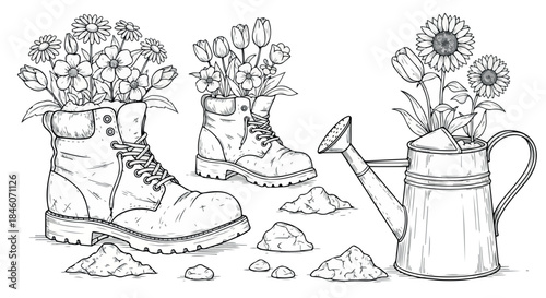 Flowers blooming from boots and watering can