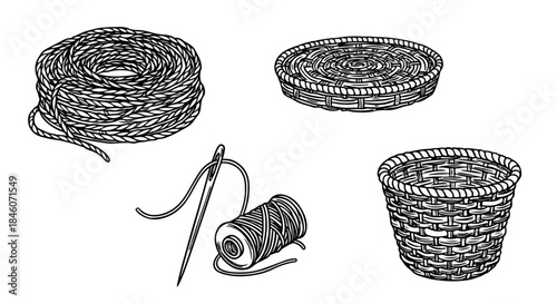 Crafting supplies: rope, basket, needle, and thread