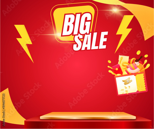 A 3D product display stand with a red and yellow background and promotional illustrations. An advertising banner for a big sale, inviting customers to shop now.
