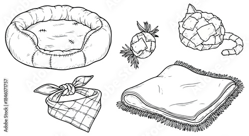 Pet supplies collection with cozy bed and toys