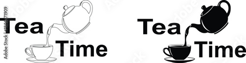 Tea time logo design with outline and silhouette teapot pouring into a cup