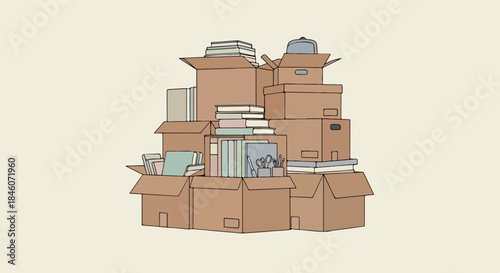 Stacked cardboard boxes with books and office supplies