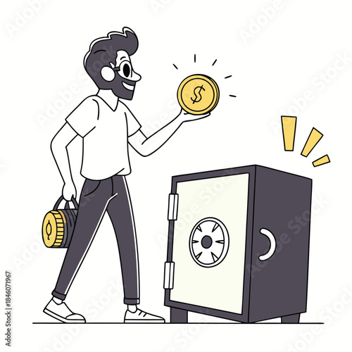 Man depositing a golden coin into a secure safe with a money bag