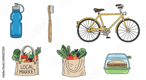 Sustainable living icons with reusable items and produce