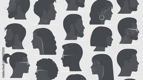 Diverse collection of human head silhouettes in profile view.