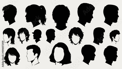 Collection of diverse human head silhouettes in profile and frontal views.