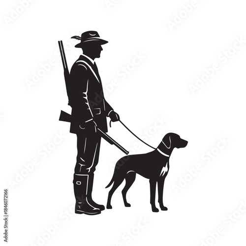 Hunter Silhouette Standing with Rifle and Hunting Dog on Leash Vector Illustration
