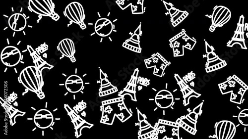 Abstract black background with white outline drawings of hot air balloons, suns, Eiffel Towers, and swim trunks, creating a playful and travel-themed pattern.