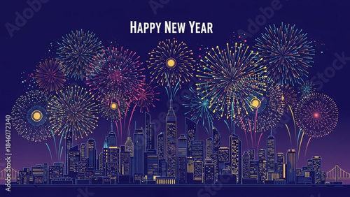 Vibrant fireworks explode over a bustling city skyline at night, celebrating a joyful new year with colorful displays