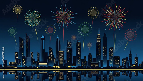 City skyline at night with vibrant fireworks exploding in the sky, reflecting off the water with illuminated