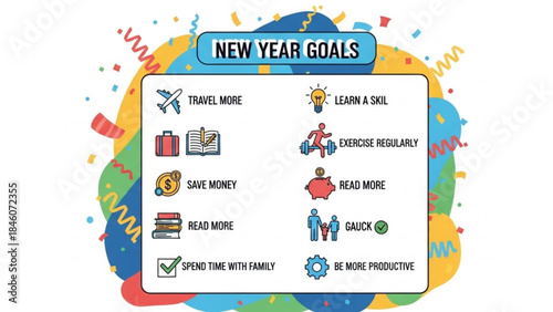 New year goals and resolutions checklist with icons, colorful background and confetti