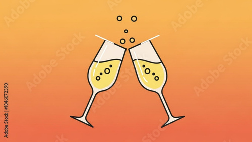 Two champagne flutes clinking with bubbly drink on orange background