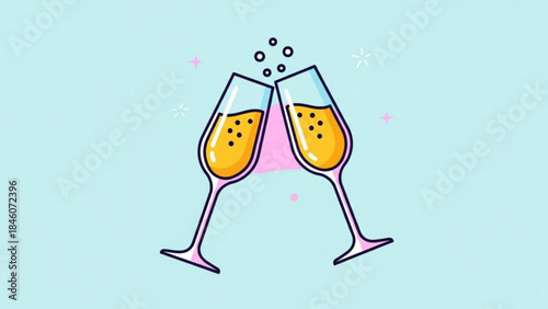 Two champagne flutes clinking together with bubbly drink and pink sparkles on light blue background for celebration