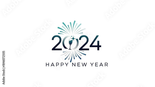 Happy new year 2024 celebration with champagne glass and fireworks