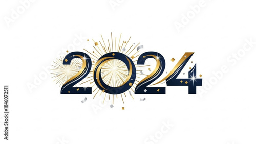 New year 2024 celebration with gold and black numbers and confetti on white background