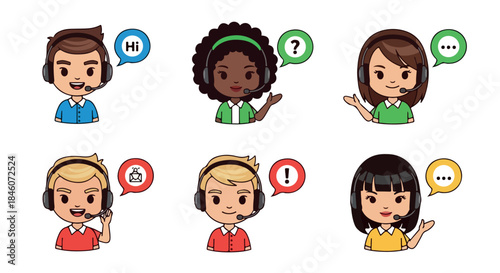 Customer service representatives with speech bubbles