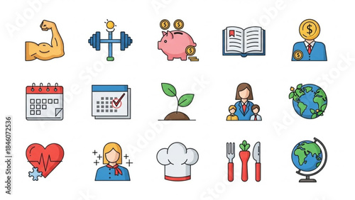 Collection of colorful flat icons representing business, health, finance, education, and lifestyle concepts