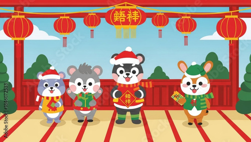 Four adorable cartoon chipmunks wearing festive outfits stand on a chinese temple stage with red lanterns
