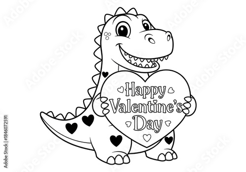 Cute cartoon dinosaur holding a large heart with 