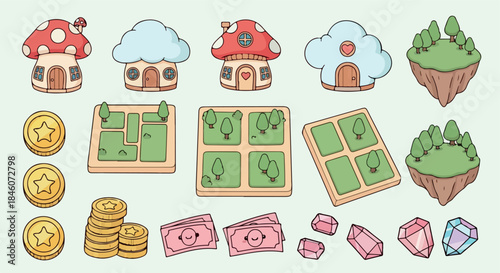 Fantasy game elements and coins with transparent background